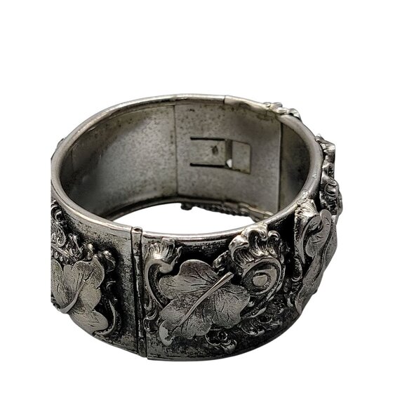 Victorian Revival Wide Hinged Bangle Bracelet Silver Tone Acanthus & Grape Leaf - Picture 8 of 10